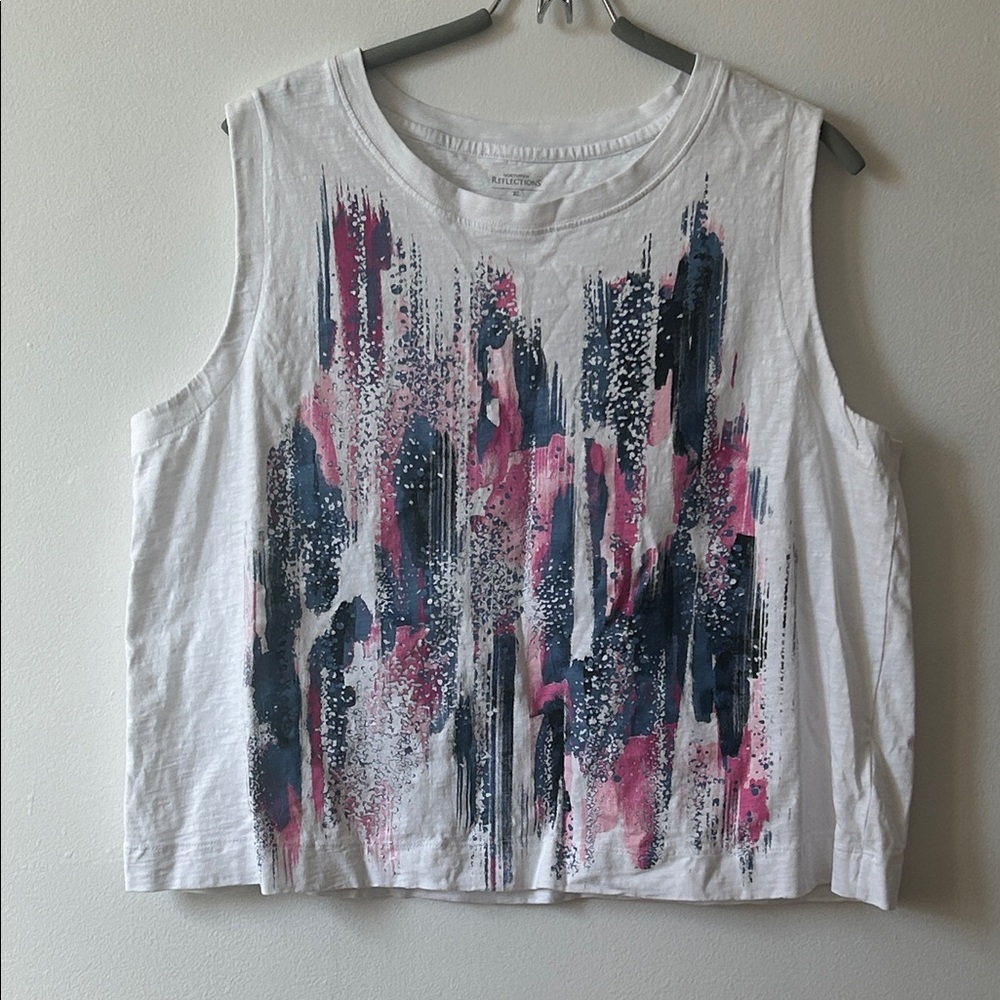 Northern Reflections White Tank Top with Pink & Navy Abstract Brushstrokes